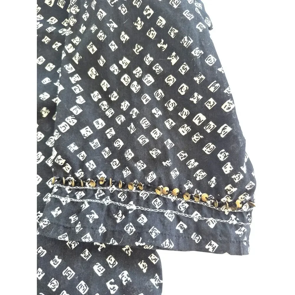 CZ  Cover-Ups Size Med Cotton Black Beaded Boho Swim Beach Ditsy Print Vacation